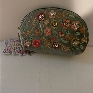 Shimmering Floral Embroidered Cosmetic Bag - Gray and Multicolor